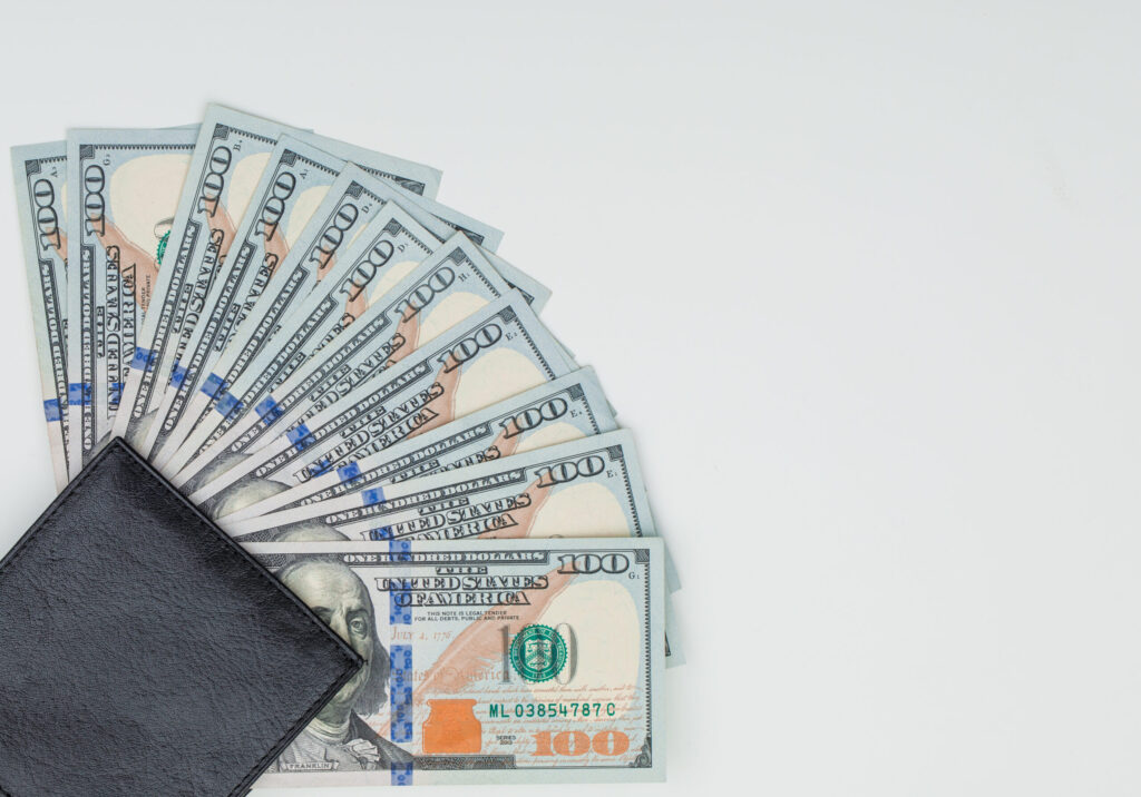 financial concept with wallet, dollar bills on white background flat lay.