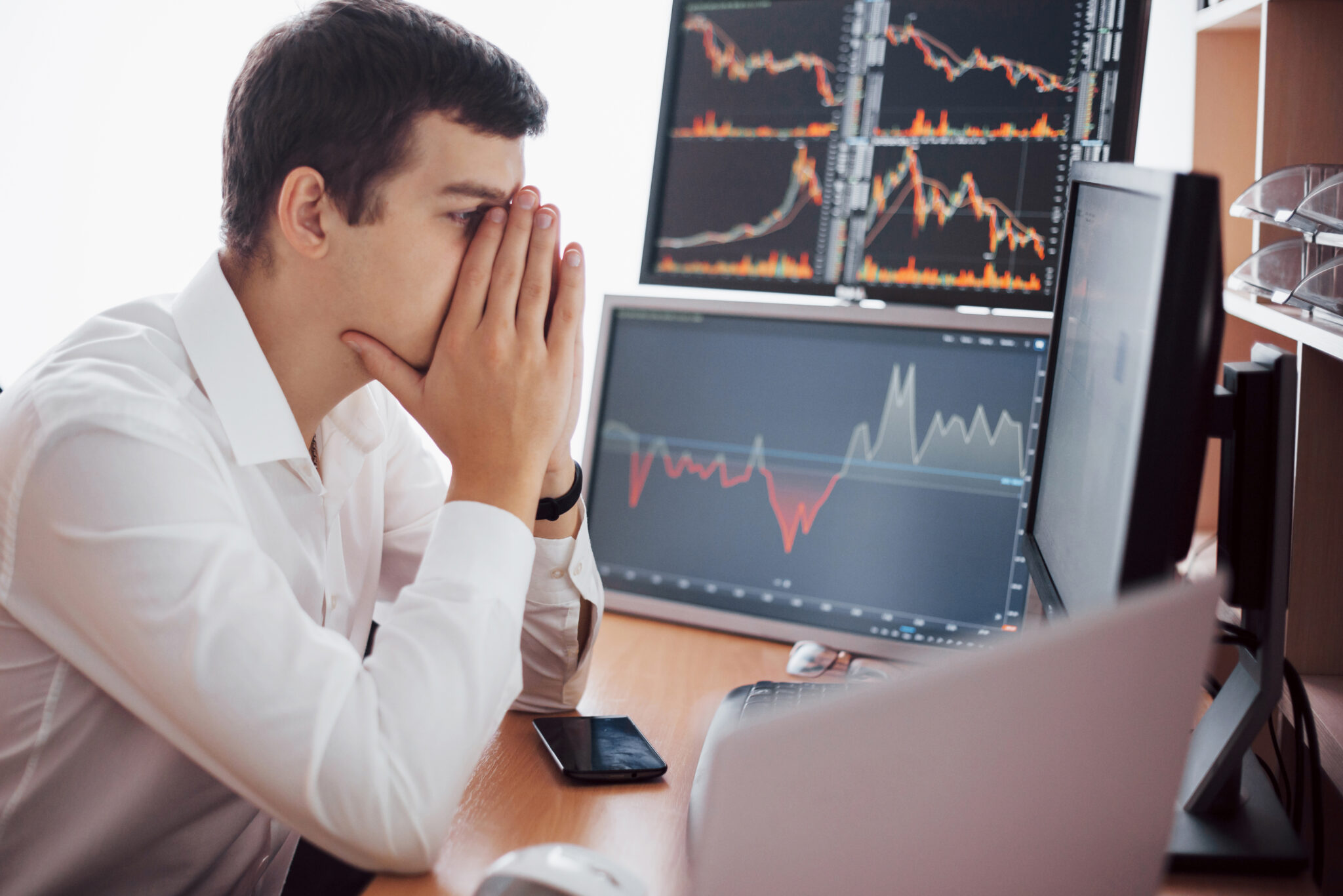 Stockbroker Shirt Is Working Monitoring Room With Display Screens Stock Exchange Trading Forex Finance Graphic Concept Businessmen Trading Stocks Online 2048x1367 1